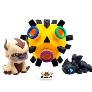 Figuras coleccionables detalladas y juguete geométrico articulado creados mediante manufactura aditiva para entretenimiento.